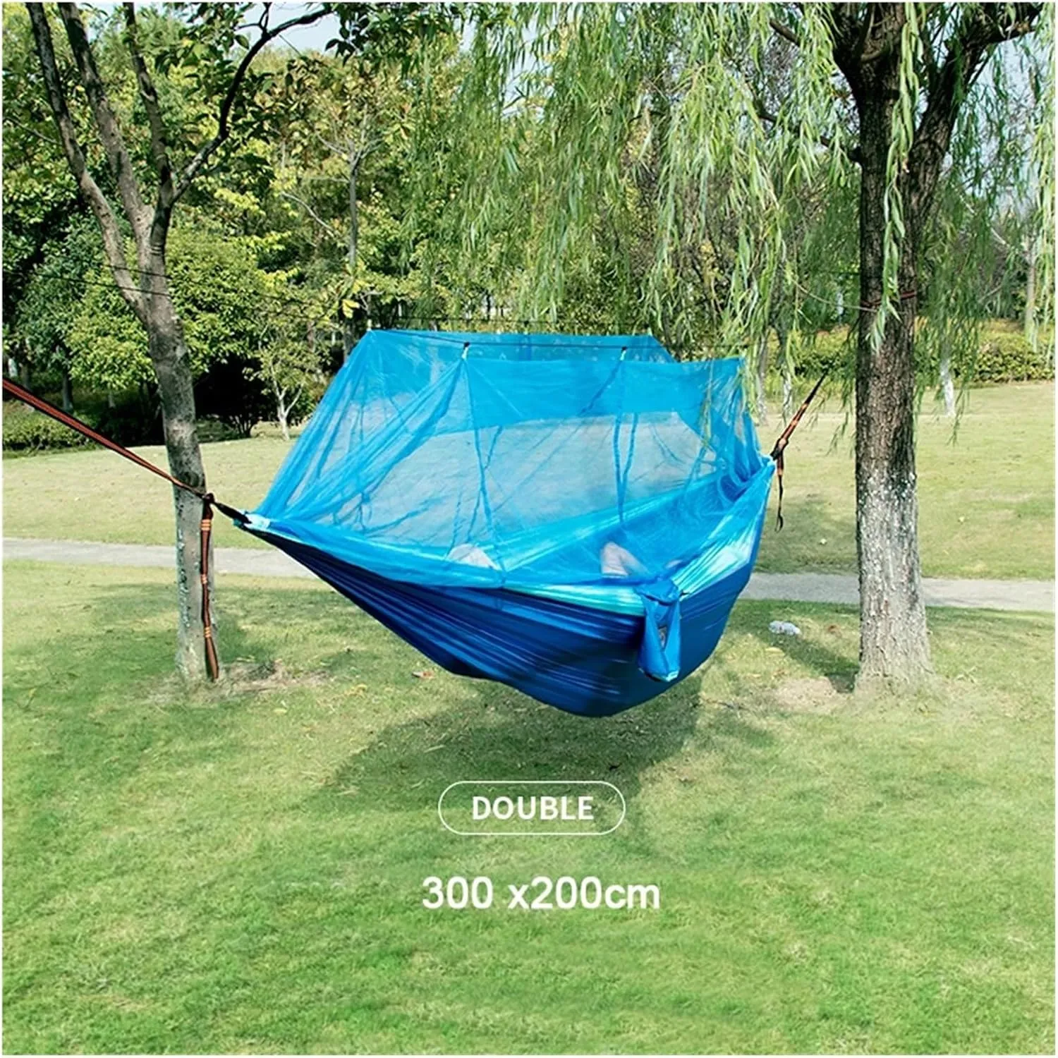 Single and Double Size Nylon Fabric Portable Travel Outdoor Camping Hanging Sleeping Hammock with Mosquito Net for Terrace, Outdoor(Single Orange Grey)