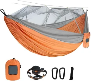 Single and Double Size Nylon Fabric Portable Travel Outdoor Camping Hanging Sleeping Hammock with Mosquito Net for Terrace, Outdoor(Single Orange Grey)