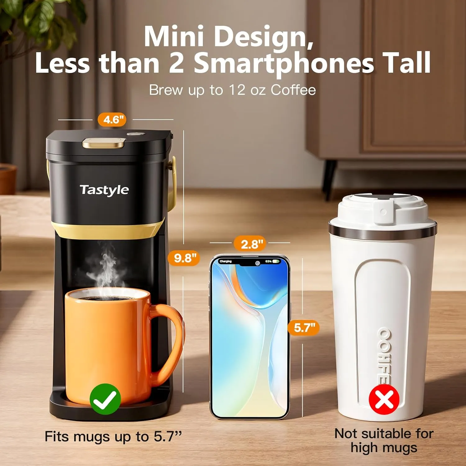 Single Serve One Cup Coffee Maker, for K Cups and Grounds, Mini Coffee Maker with Portable Handle, 6 to 12 Oz Brew Size, for Travel, Camping, Office, RV and Dorm, Black and Gold