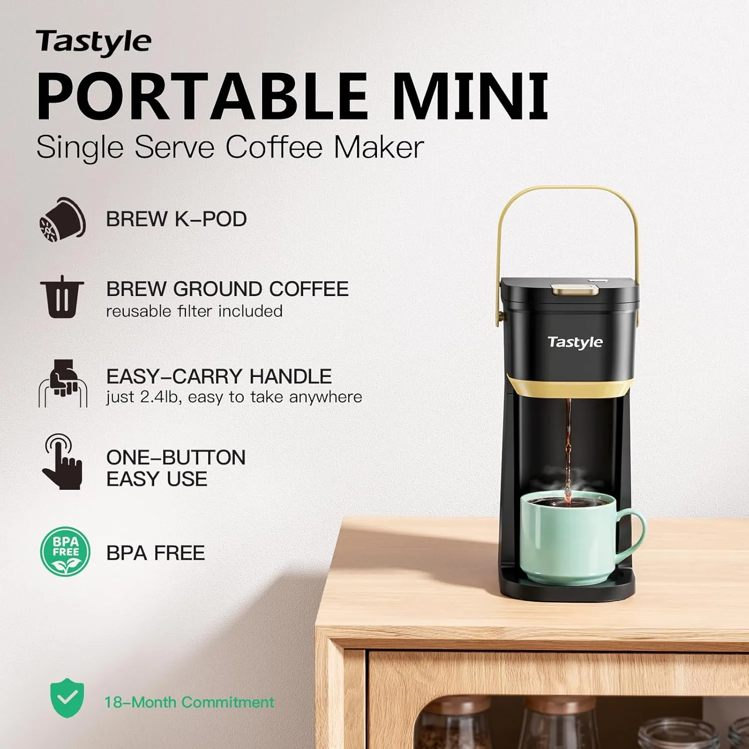 Single Serve One Cup Coffee Maker, for K Cups and Grounds, Mini Coffee Maker with Portable Handle, 6 to 12 Oz Brew Size, for Travel, Camping, Office, RV and Dorm, Black and Gold