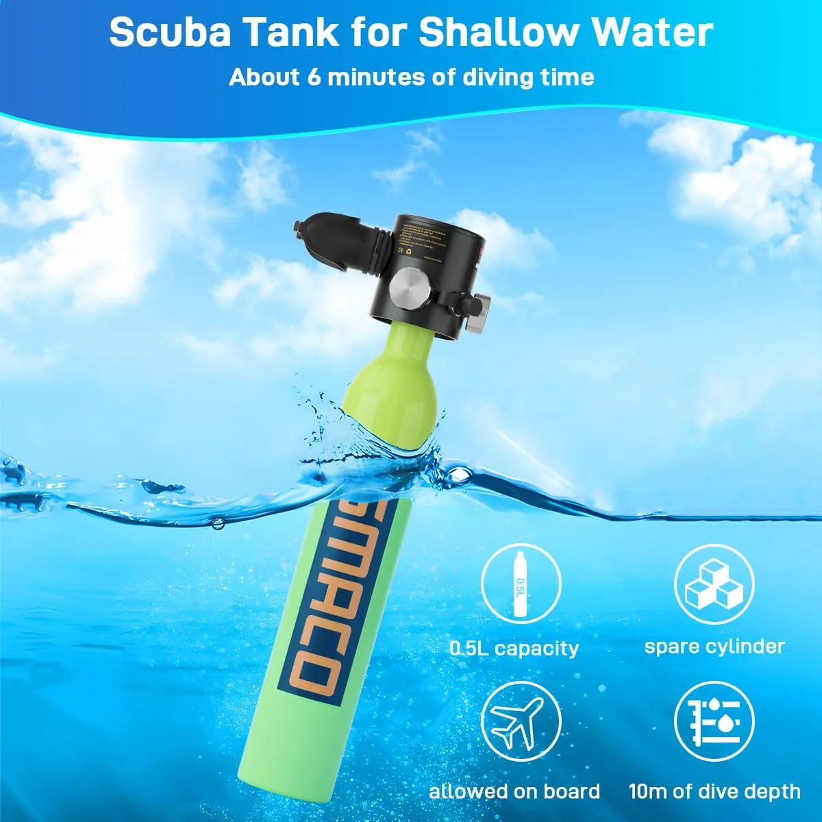 SMACO Mini Scuba Tank 0.5L Portable Diving Tank Support up to 10 Minutes of Underwater Breath, Small Scuba Tank Pony Bottle for Free Diving Within 33ft or Used as Backup Air Within 100ft