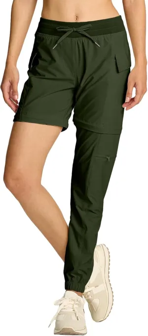 smawell Women's Hiking Stretch Petite Scrubs Pants with Pockets Zip Off Convertible Lightweight Pants Army Green S