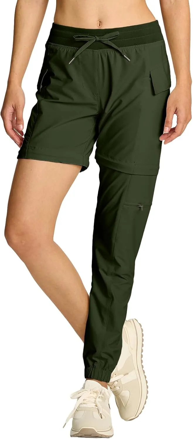 smawell Women's Hiking Stretch Petite Scrubs Pants with Pockets Zip Off Convertible Lightweight Pants Army Green S