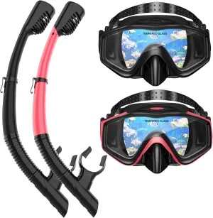 Snorkeling Gear for Adults, Dry Top Snorkel Mask Set 2 Pack Scuba Diving Mask Snorkel Gear Anti Fog Snorkeling Packages Tempered Glass Panoramic View Nose Cover
