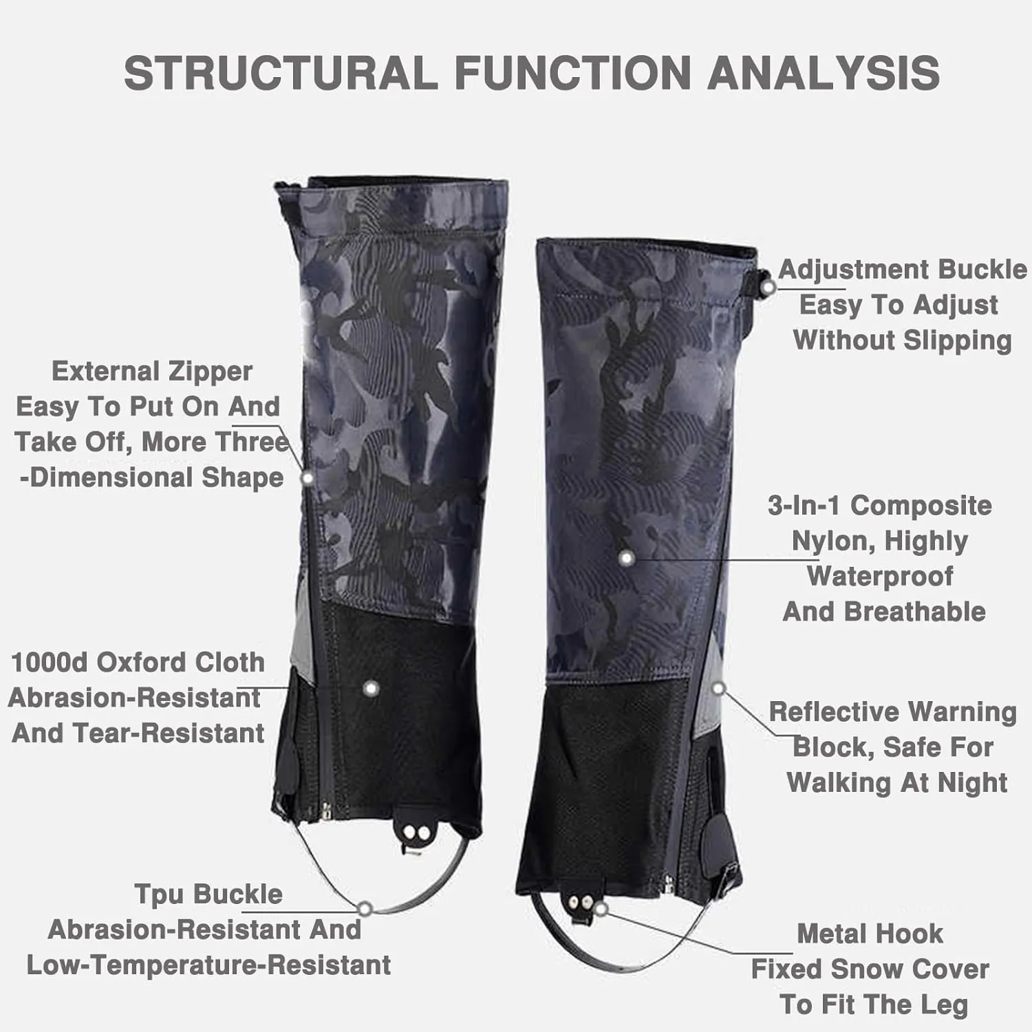 Snow Boots Hiking Leggings Adjustable Breathable Gaiters Snow Gaiters Ski Leggings,Zipper Design TPU Buckle Strap,Suitable for Snowshoeing Hiking Mountaineering