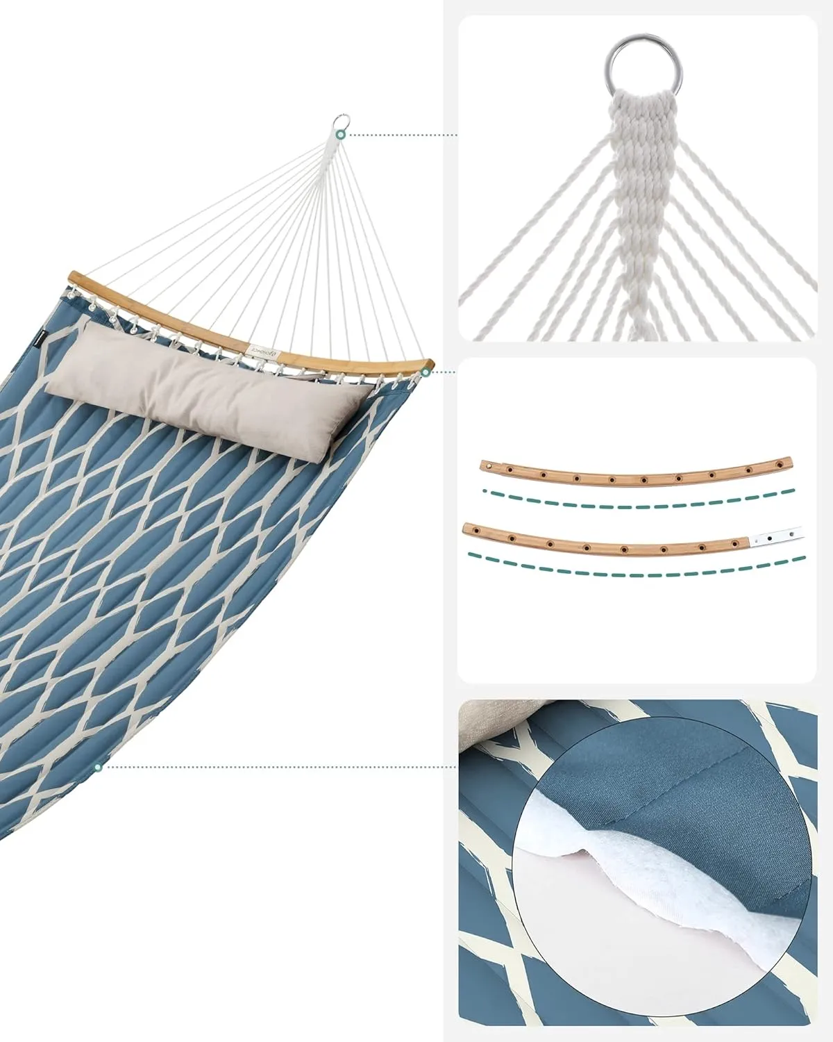 SONGMICS Hammock, Quilted Hammock with Curved Bamboo Spreaders, Pillow, 78.7 x 55.1 Inches, Portable Padded Hammock Holds up to 495 lb, Blue and Beige Rhombus UGDC034I02