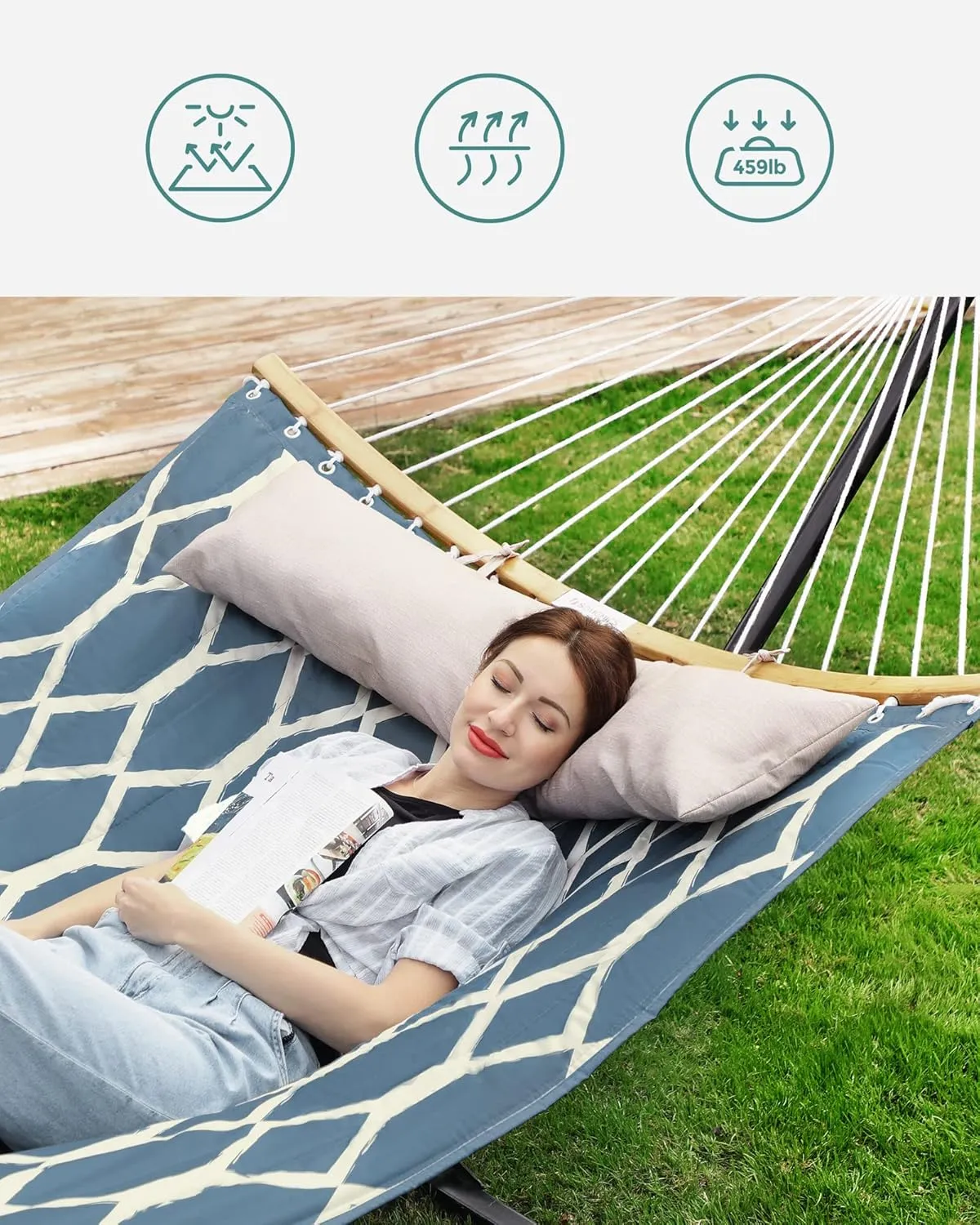 SONGMICS Hammock, Quilted Hammock with Curved Bamboo Spreaders, Pillow, 78.7 x 55.1 Inches, Portable Padded Hammock Holds up to 495 lb, Blue and Beige Rhombus UGDC034I02