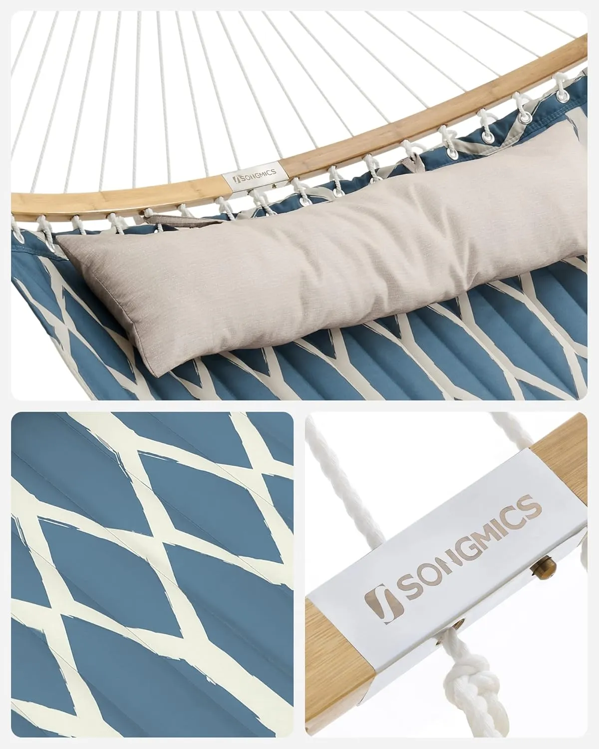 SONGMICS Hammock, Quilted Hammock with Curved Bamboo Spreaders, Pillow, 78.7 x 55.1 Inches, Portable Padded Hammock Holds up to 495 lb, Blue and Beige Rhombus UGDC034I02