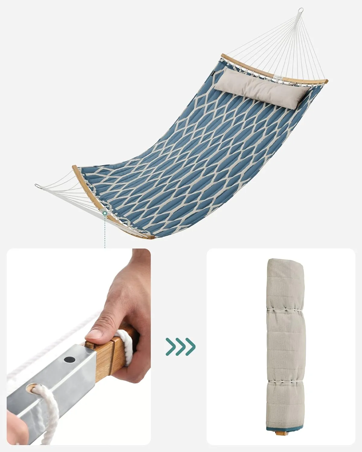 SONGMICS Hammock, Quilted Hammock with Curved Bamboo Spreaders, Pillow, 78.7 x 55.1 Inches, Portable Padded Hammock Holds up to 495 lb, Blue and Beige Rhombus UGDC034I02