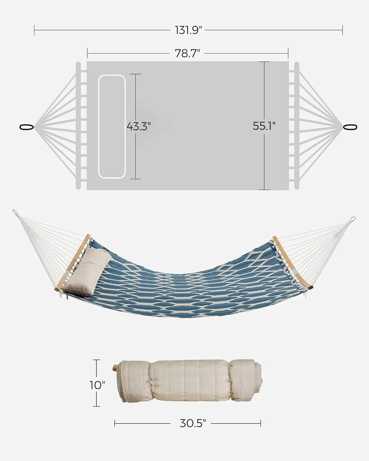 SONGMICS Hammock, Quilted Hammock with Curved Bamboo Spreaders, Pillow, 78.7 x 55.1 Inches, Portable Padded Hammock Holds up to 495 lb, Blue and Beige Rhombus UGDC034I02