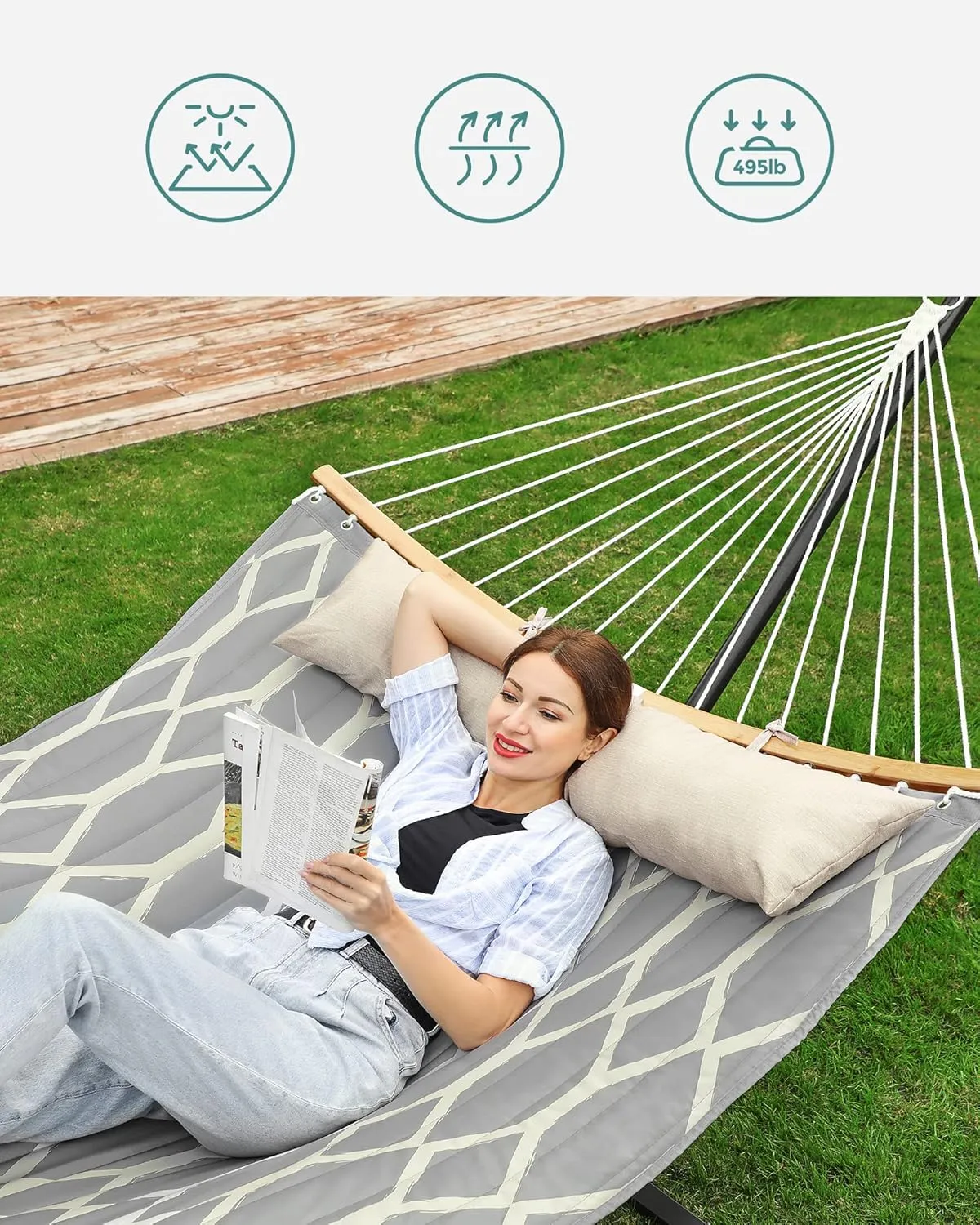 SONGMICS Hammock, Quilted Hammock with Curved Bamboo Spreaders, Pillow, 78.7 x 55.1 Inches, Portable Padded Hammock Holds up to 495 lb, Gray and Beige Rhombus UGDC034G02