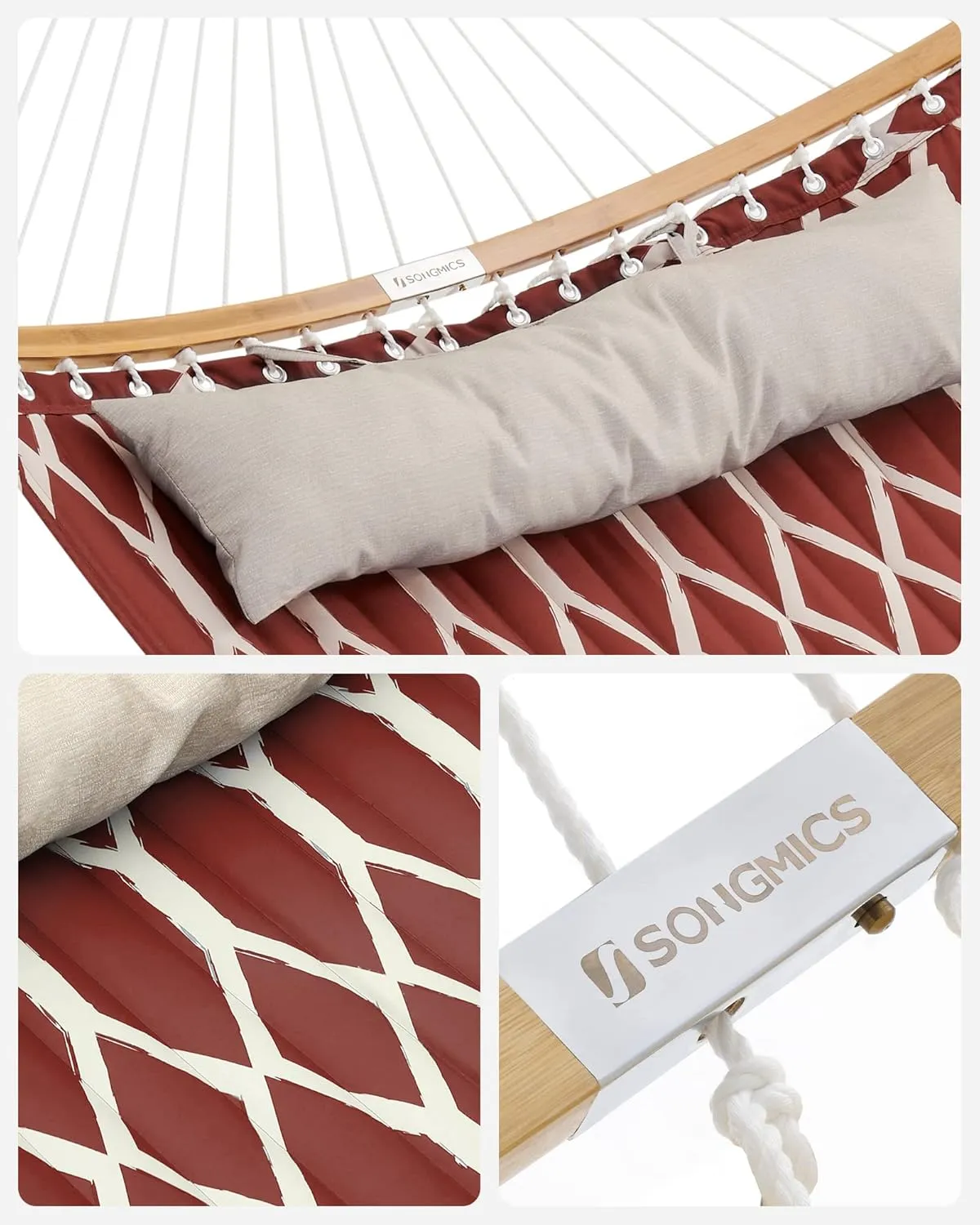 SONGMICS Quilted Hammock with Curved Bamboo Spreaders, Pillow, 78.7 x 55.1 Inches, Portable Padded Hammock Holds up to 495 lb, Red and Beige Rhombus
