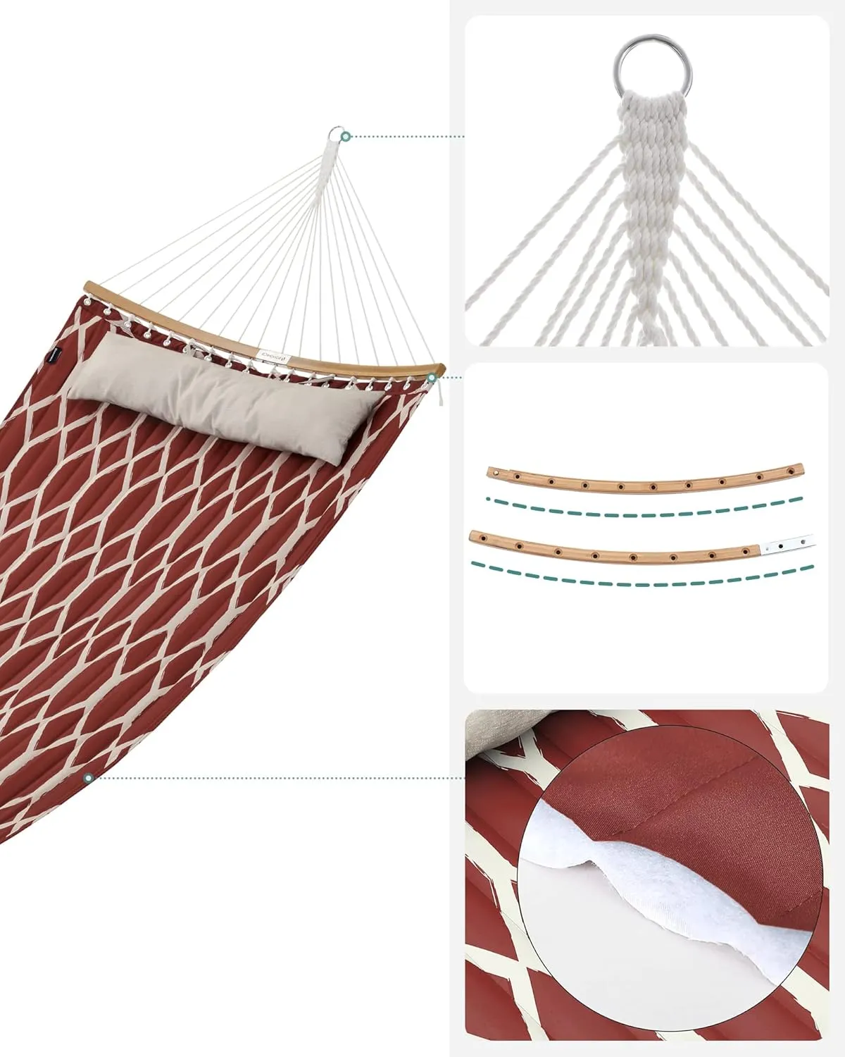 SONGMICS Quilted Hammock with Curved Bamboo Spreaders, Pillow, 78.7 x 55.1 Inches, Portable Padded Hammock Holds up to 495 lb, Red and Beige Rhombus