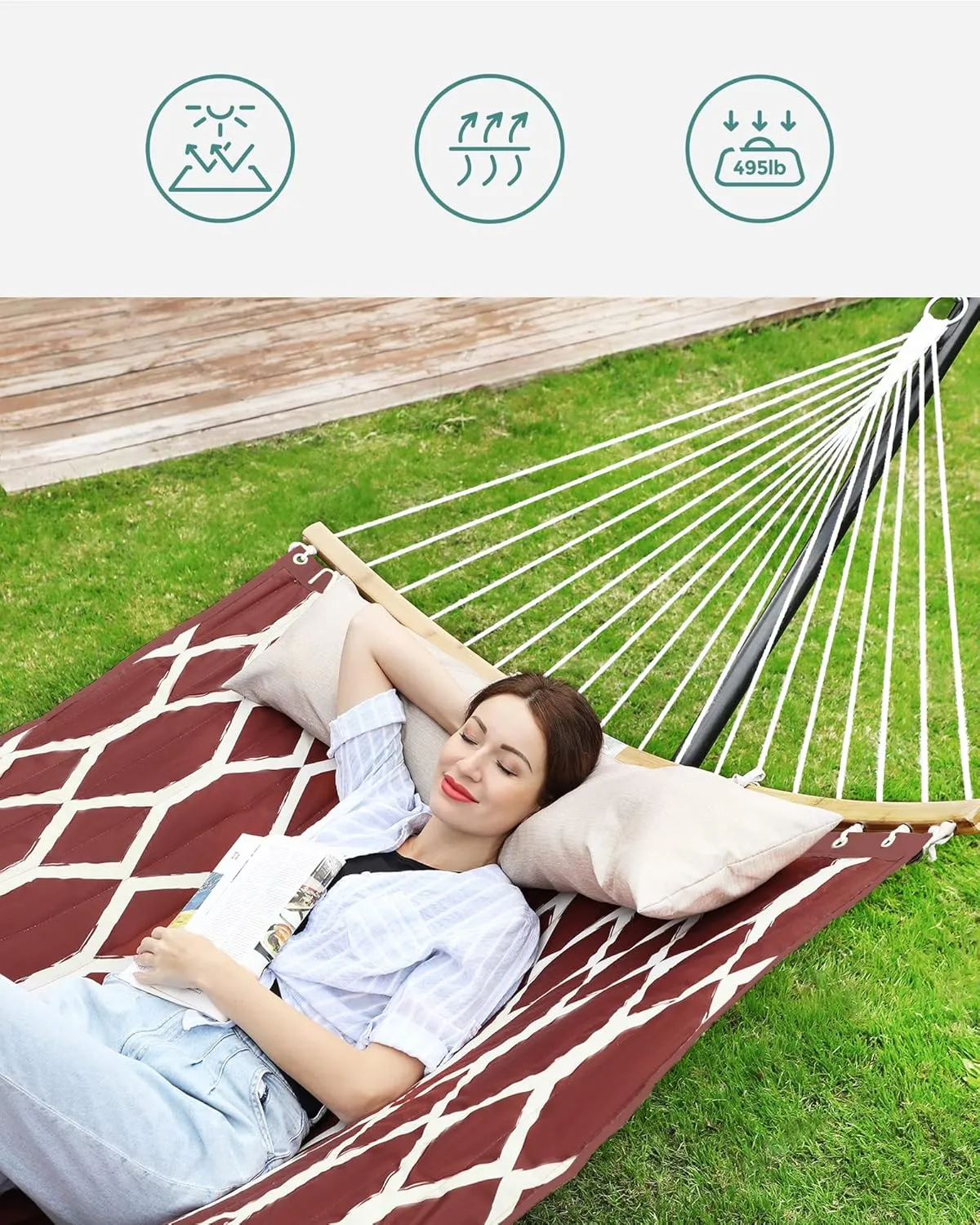 SONGMICS Quilted Hammock with Curved Bamboo Spreaders, Pillow, 78.7 x 55.1 Inches, Portable Padded Hammock Holds up to 495 lb, Red and Beige Rhombus