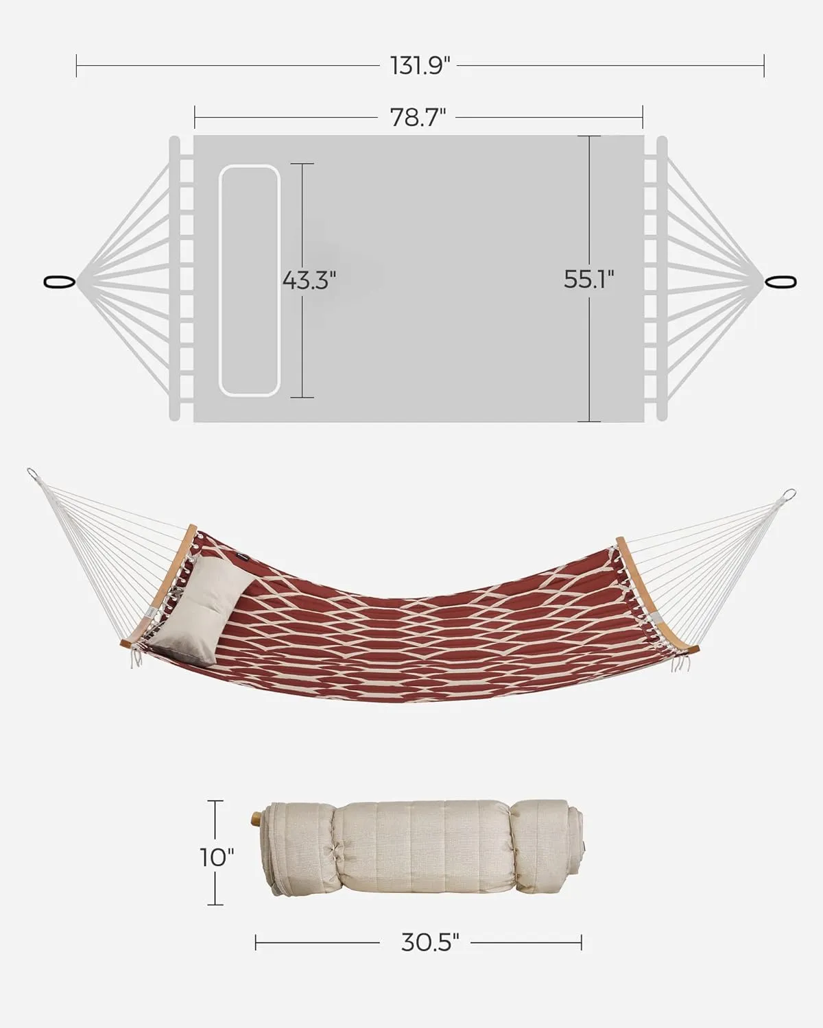 SONGMICS Quilted Hammock with Curved Bamboo Spreaders, Pillow, 78.7 x 55.1 Inches, Portable Padded Hammock Holds up to 495 lb, Red and Beige Rhombus