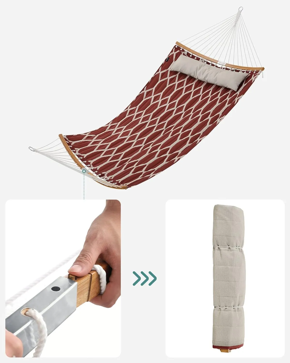 SONGMICS Quilted Hammock with Curved Bamboo Spreaders, Pillow, 78.7 x 55.1 Inches, Portable Padded Hammock Holds up to 495 lb, Red and Beige Rhombus