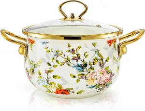 SOUJOY 2.8 Quart Enamel Cooking Pot with Lid, Vintage Soup Pot, Floral Stew Bean Simmer Pot with Handle for Kitchen, Safe for Induction Cookers, Gas Stove