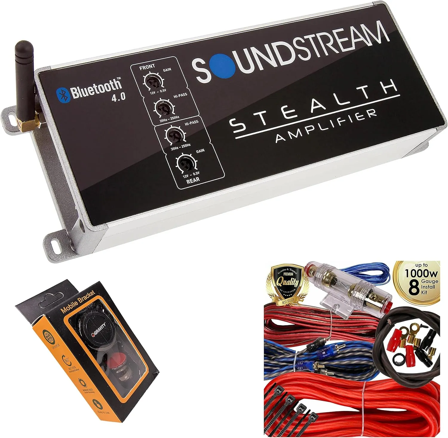 Soundstream ST4.1000DB ST4.10000DB Stealth Series 1000W Class D 4-Channel Amplifier with Built-in Bluetooth, Ideal for Boats, ATVs, Side-by-Sides, Golf carts with Red Kit and Gravity Phone Bundle