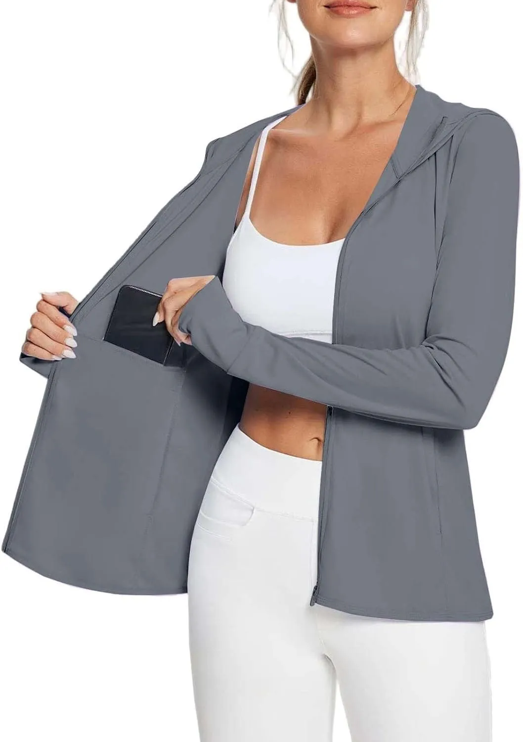 SPF Shirts for Women Long Sleeve UPF 50  Sun Protection Hoodies Jacket Lightweight Full Zip Cooling Rash Guard Pockets