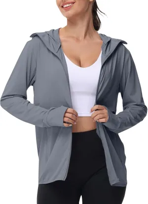 SPF Shirts for Women Long Sleeve UPF 50  Sun Protection Hoodies Jacket Lightweight Full Zip Cooling Rash Guard Pockets