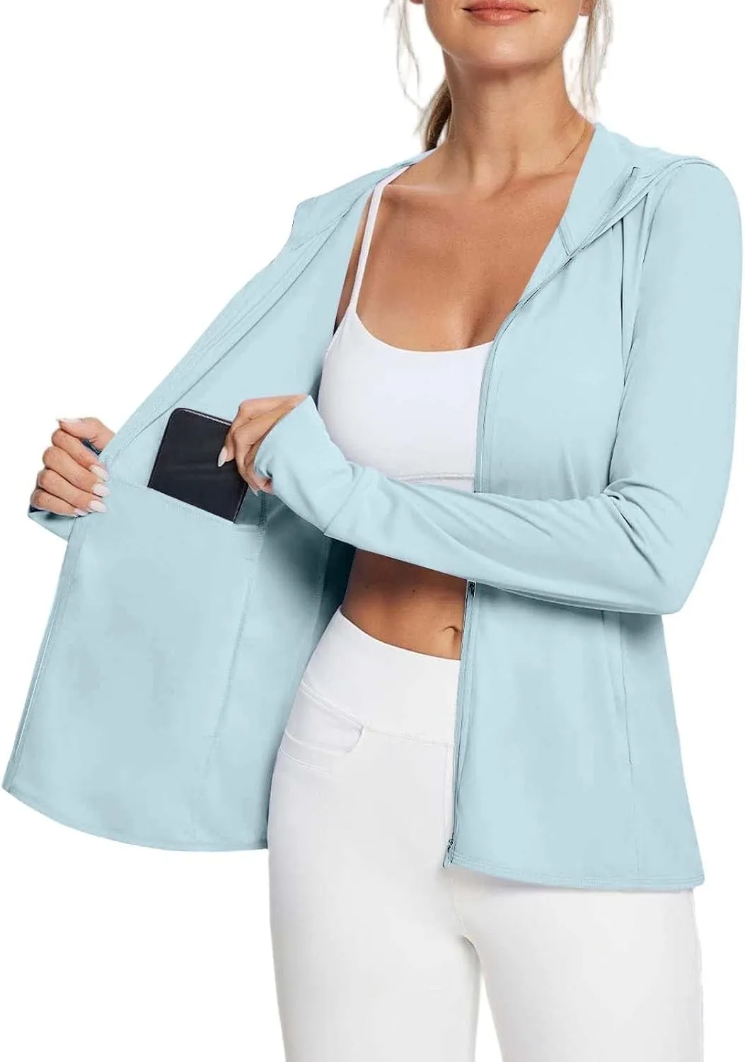 SPF Shirts for Women Long Sleeve UPF 50  Sun Protection Hoodies Jacket Lightweight Full Zip Cooling Rash Guard Pockets