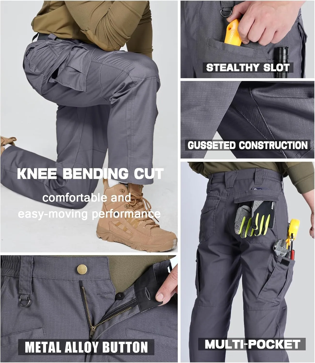SPOSULEI Mens Tactical Pants Ripstop Cargo Work Pants with 9 Pockets Water Resistant Breathable Hiking Construction Pants
