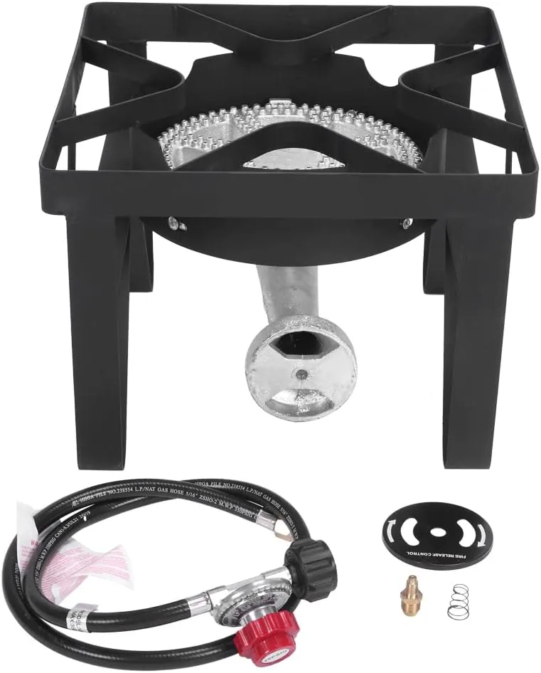 Square Outdoor Camp Stove,Portable Cast Iron Patio Cooking Burner,Outdoor Propane Gas Camping Stove,Backyard Cooking Burner Stove,with Adjustable PSI Regulator,for Patio Picnic BBQ Cookouts (Black)