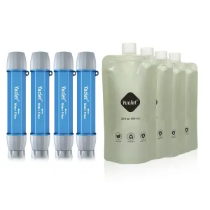 Squeeze Water Filtration System for Hiking, Camping, Travel, and Emergency Preparedness (4 Water Filter Straw, 4 Squeezable Water Pouch)