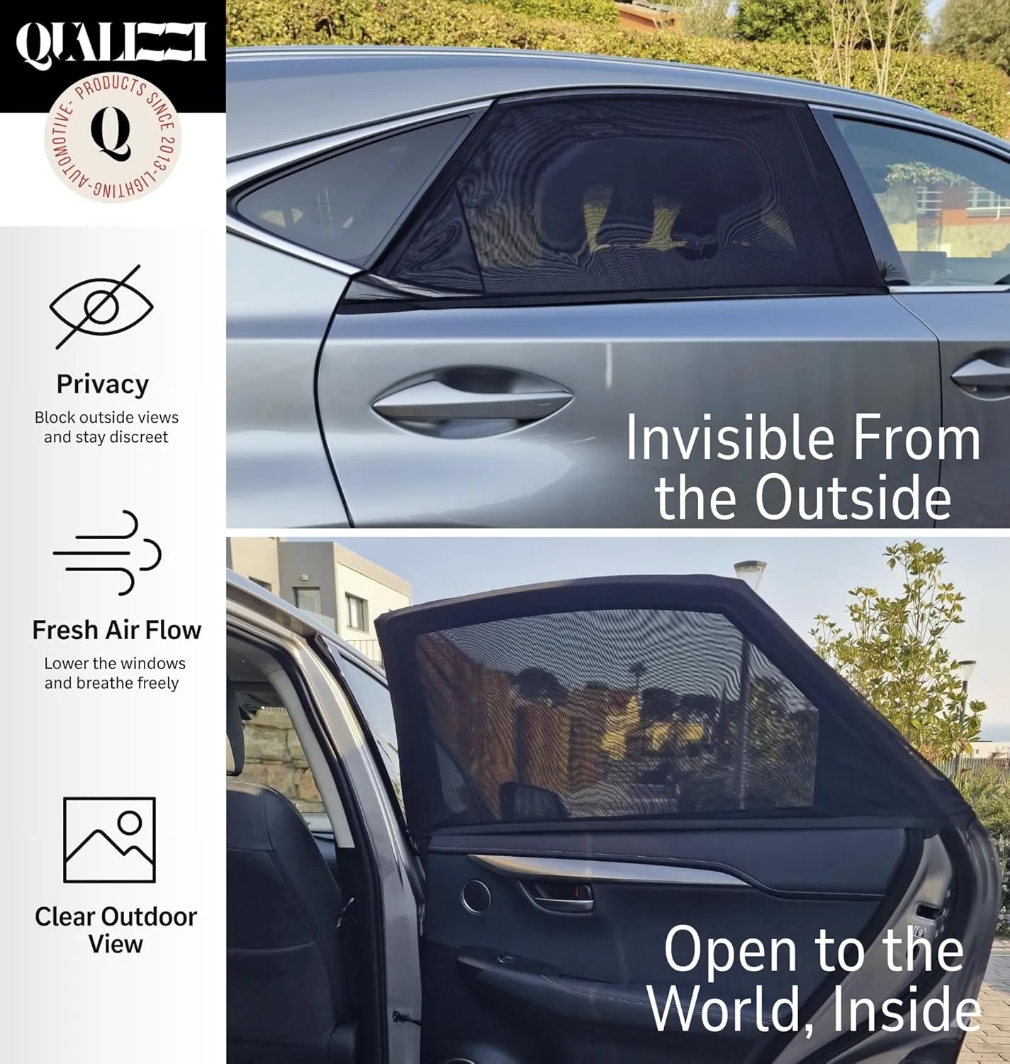 S/R Car Window Shades for Baby (12 Sizes) - Stretchy Breathable Mesh Fits Like a Sock, Full Side Window Covers for Sun, Heat & Bug Protection, 2-Pack by Qualizzi