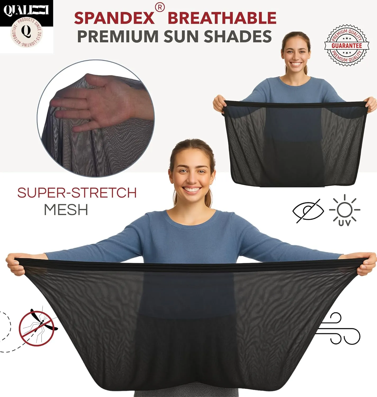S/R Car Window Shades for Baby (12 Sizes) - Stretchy Breathable Mesh Fits Like a Sock, Full Side Window Covers for Sun, Heat & Bug Protection, 2-Pack by Qualizzi
