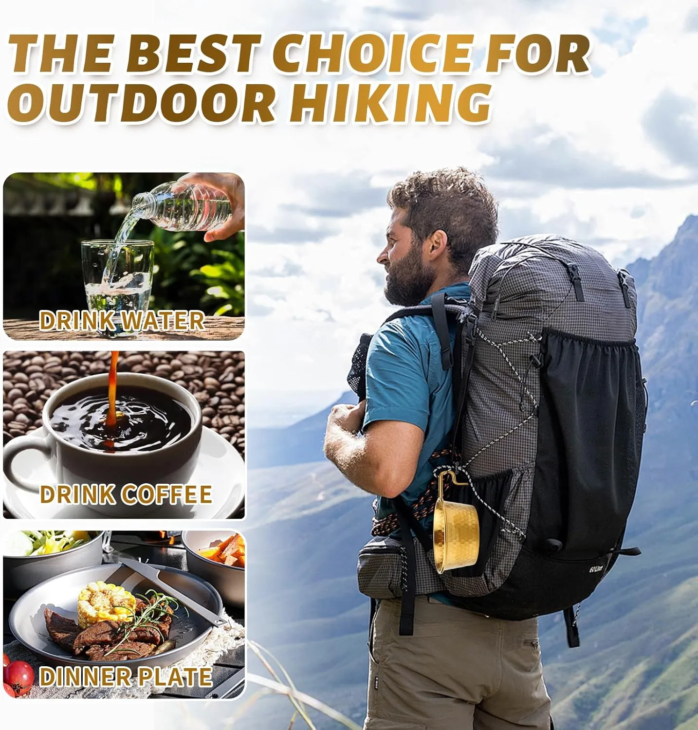 Stainless Steel Camping Sierra Cup, Stackable Portable 450ML 2 Pcs Set Sierra Bowl Cup for Camping and Hiking (Gold & Silver)