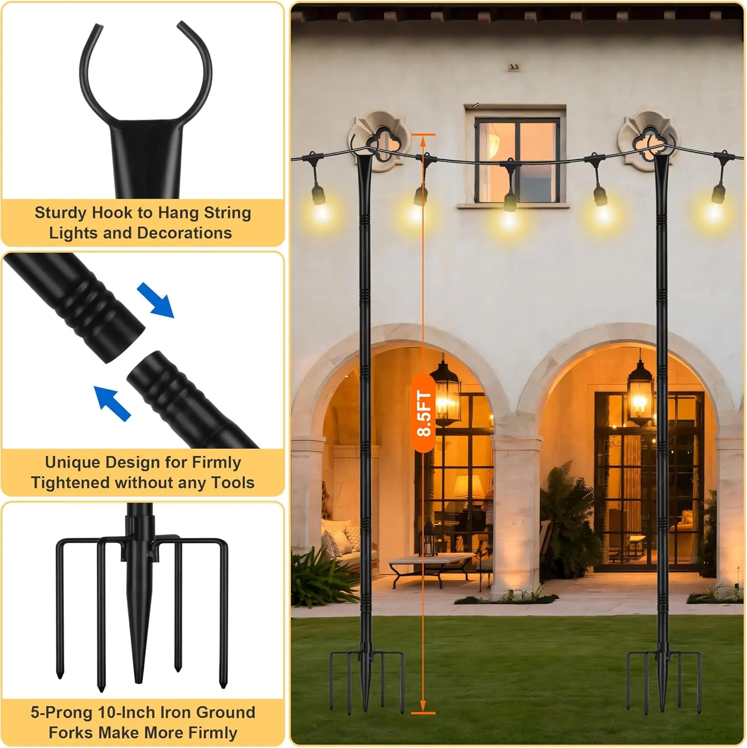 Suchtale String Light Poles with Hooks, 4 Pack 8.5FT Metal Light Pole for Outdoor String Lights with 5-Prong Fork for Garden, Patio, Wedding Party, Outdoor Light Stand Holder for Christmas Deck, Black