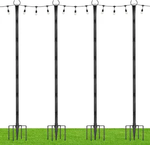 Suchtale String Light Poles with Hooks, 4 Pack 8.5FT Metal Light Pole for Outdoor String Lights with 5-Prong Fork for Garden, Patio, Wedding Party, Outdoor Light Stand Holder for Christmas Deck, Black