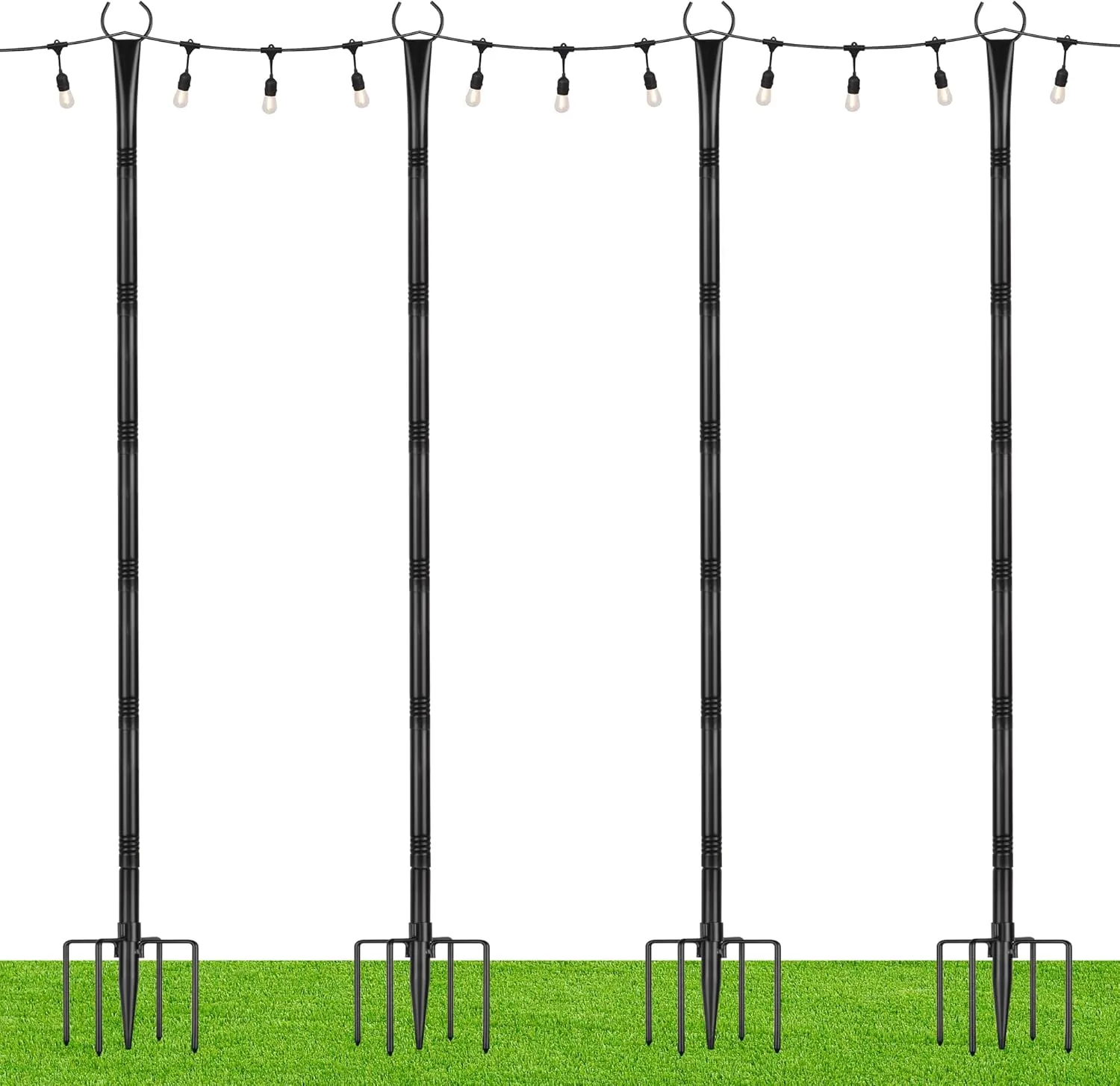 Suchtale String Light Poles with Hooks, 4 Pack 8.5FT Metal Light Pole for Outdoor String Lights with 5-Prong Fork for Garden, Patio, Wedding Party, Outdoor Light Stand Holder for Christmas Deck, Black
