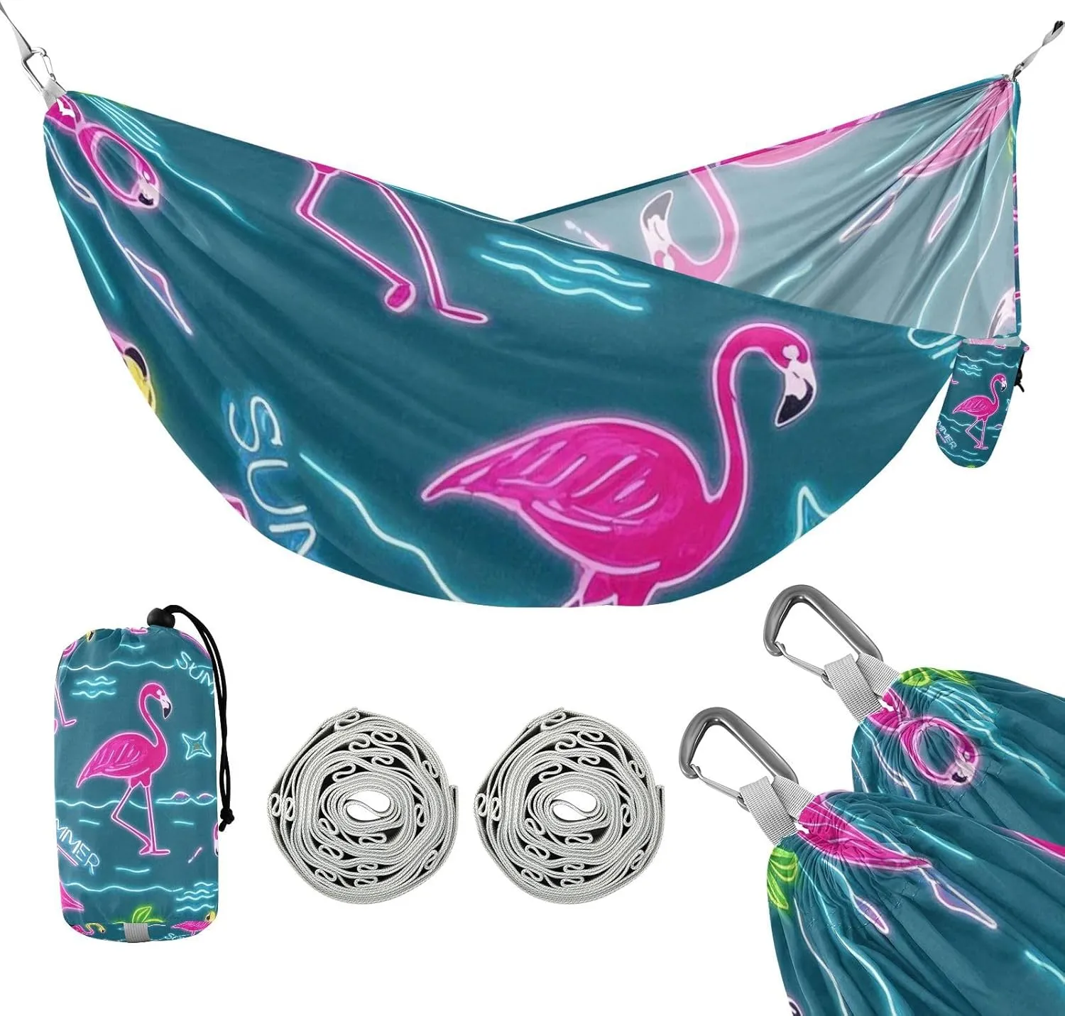 Summer Neon Flamingo Coconut Tree Blue 330lb Capacity Outdoor Hammocks with Hanging Rope Hanging Hammock for Outside Camping Essentials hamaca de Algodon para Jardin