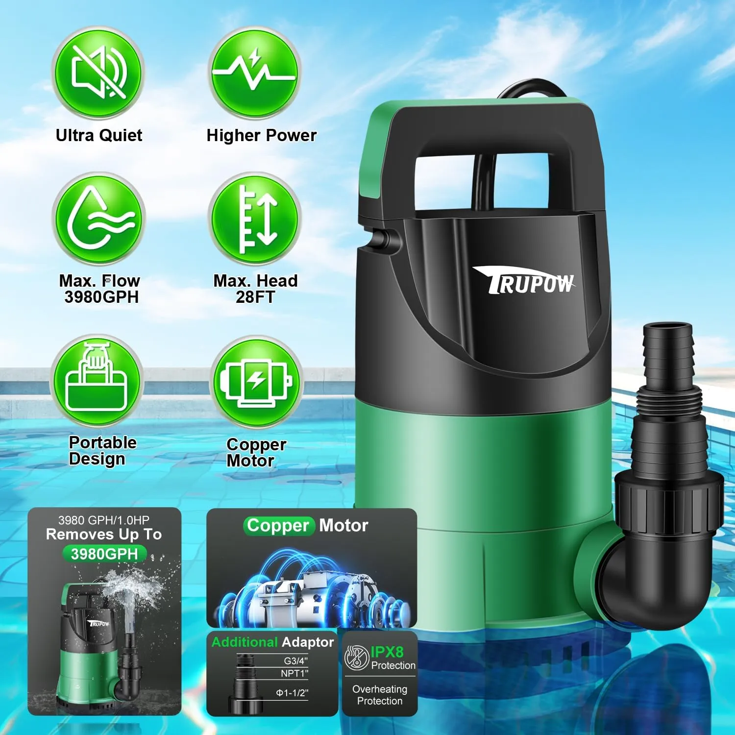 Sump Pump 1 HP Submersible Water Pump 3980 GPH Thermoplastic Portable Electric Utility Pump for Swimming Pool Garden Basement Tub Pond Draining Remove Water Level Down to 0.3"