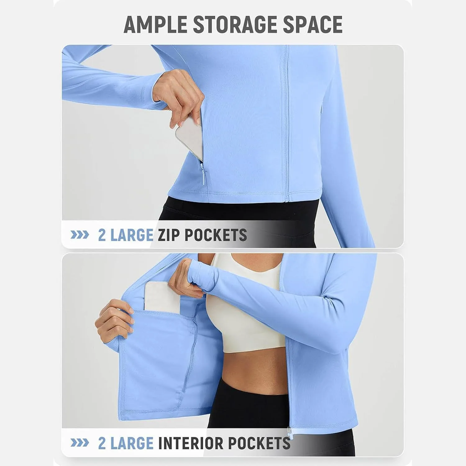Sun Protection Shirts for Women Long Sleeve Full Zip SPF Crop Jacket Lightweight Hiking Outdoor UV Protection Clothes