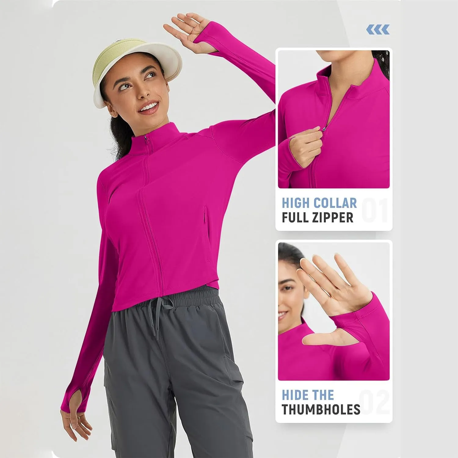 Sun Protection Shirts for Women Long Sleeve Full Zip SPF Crop Jacket Lightweight Hiking Outdoor UV Protection Clothes
