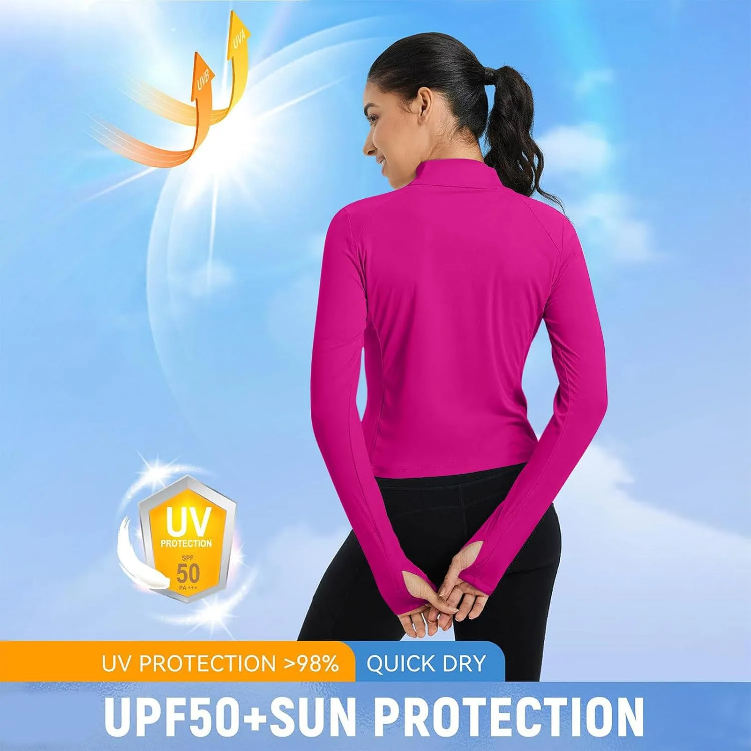Sun Protection Shirts for Women Long Sleeve Full Zip SPF Crop Jacket Lightweight Hiking Outdoor UV Protection Clothes