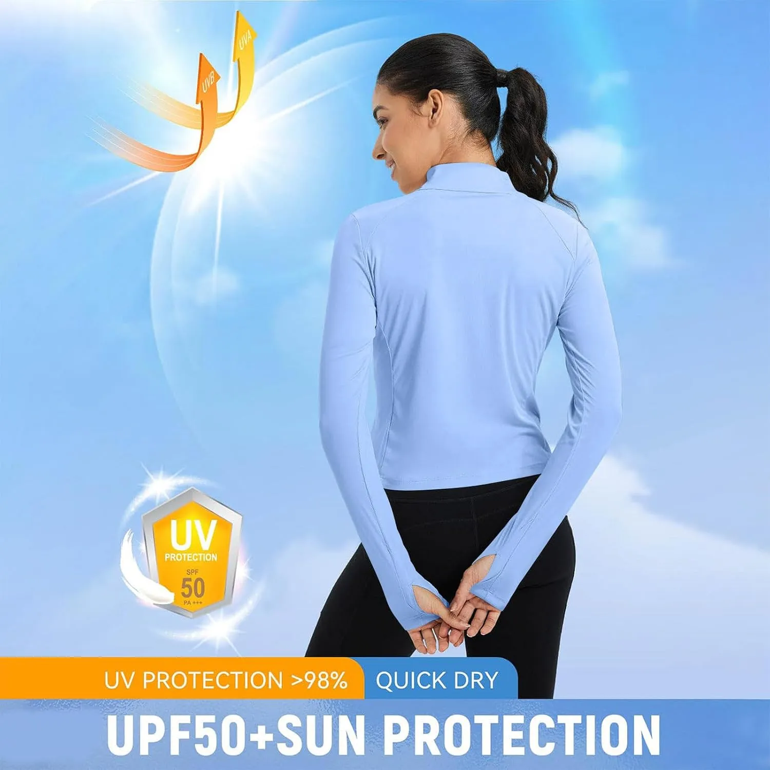 Sun Protection Shirts for Women Long Sleeve Full Zip SPF Crop Jacket Lightweight Hiking Outdoor UV Protection Clothes