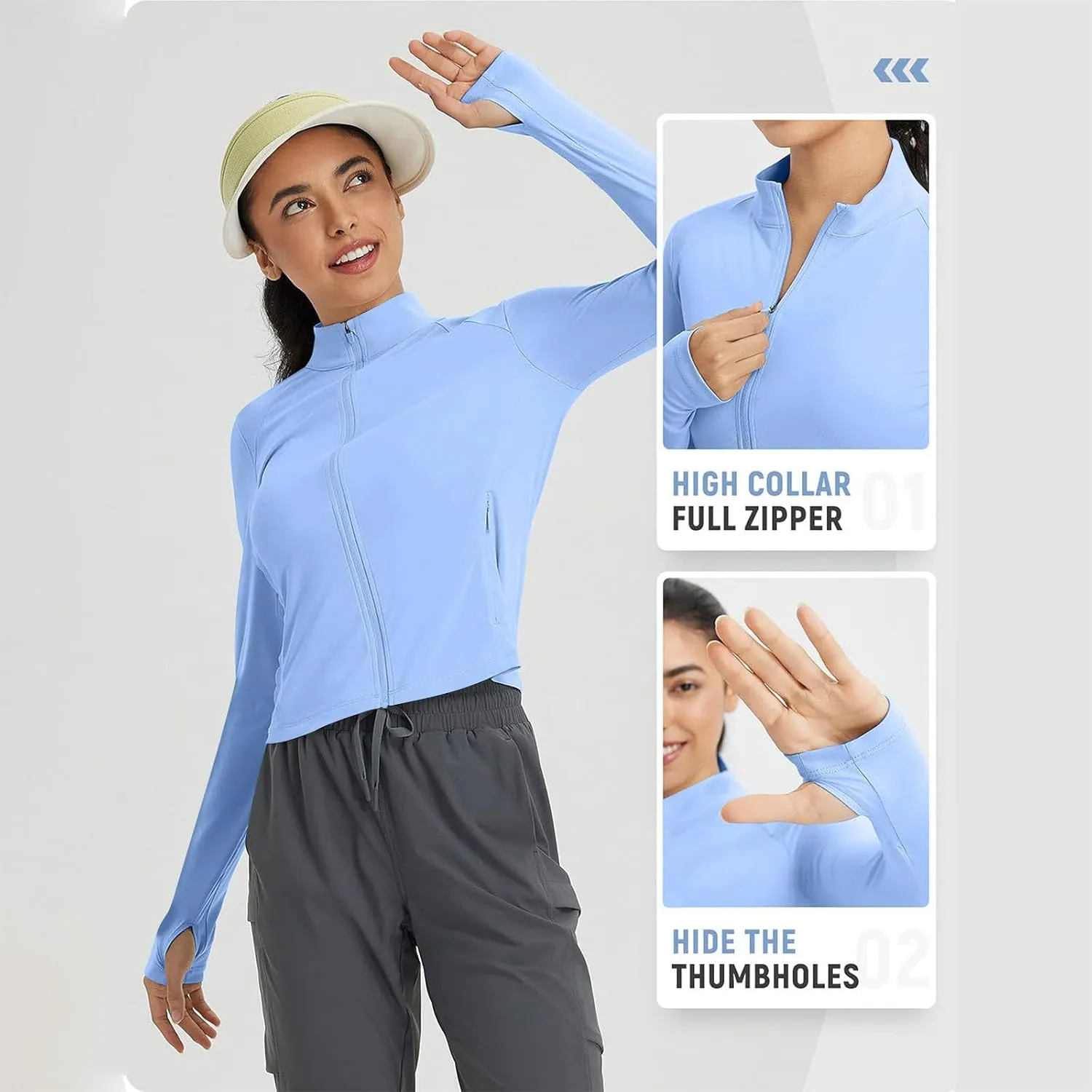 Sun Protection Shirts for Women Long Sleeve Full Zip SPF Crop Jacket Lightweight Hiking Outdoor UV Protection Clothes