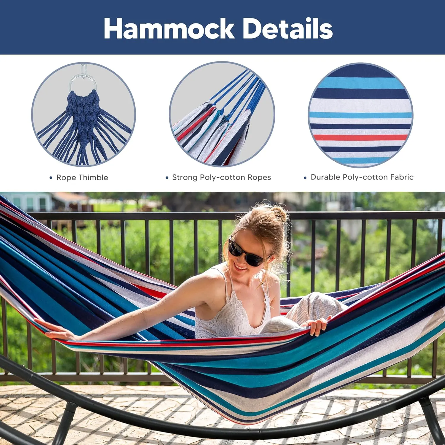 SUNCREAT 2 Person Hammock with Stand, Space Saving Free Standing Hammock with Stand Included, Patent Pending, Blue Red
