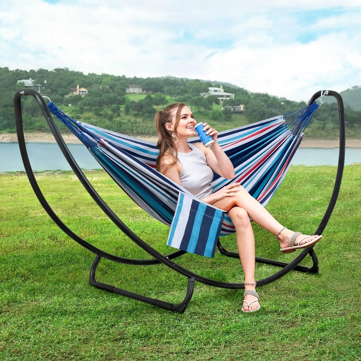SUNCREAT 2 Person Hammock with Stand, Space Saving Free Standing Hammock with Stand Included, Patent Pending, Blue Red