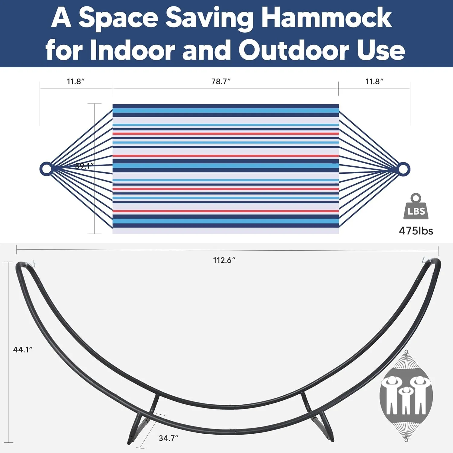 SUNCREAT 2 Person Hammock with Stand, Space Saving Free Standing Hammock with Stand Included, Patent Pending, Blue Red
