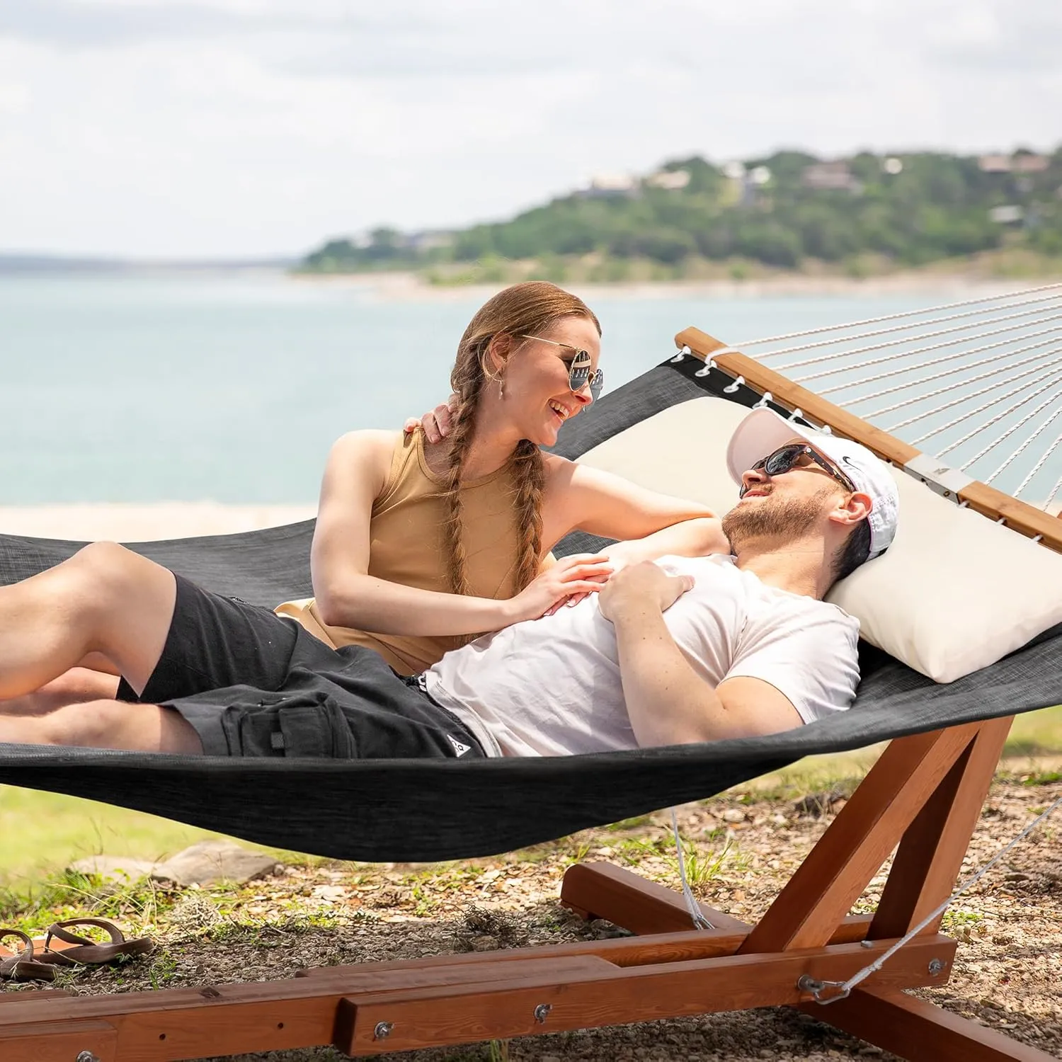 SUNCREAT Hammocks for Outside with Stand, Balance Ropes, Two Person Hammock for Poolside, Backyard, Garden, Patio, Dark Gray