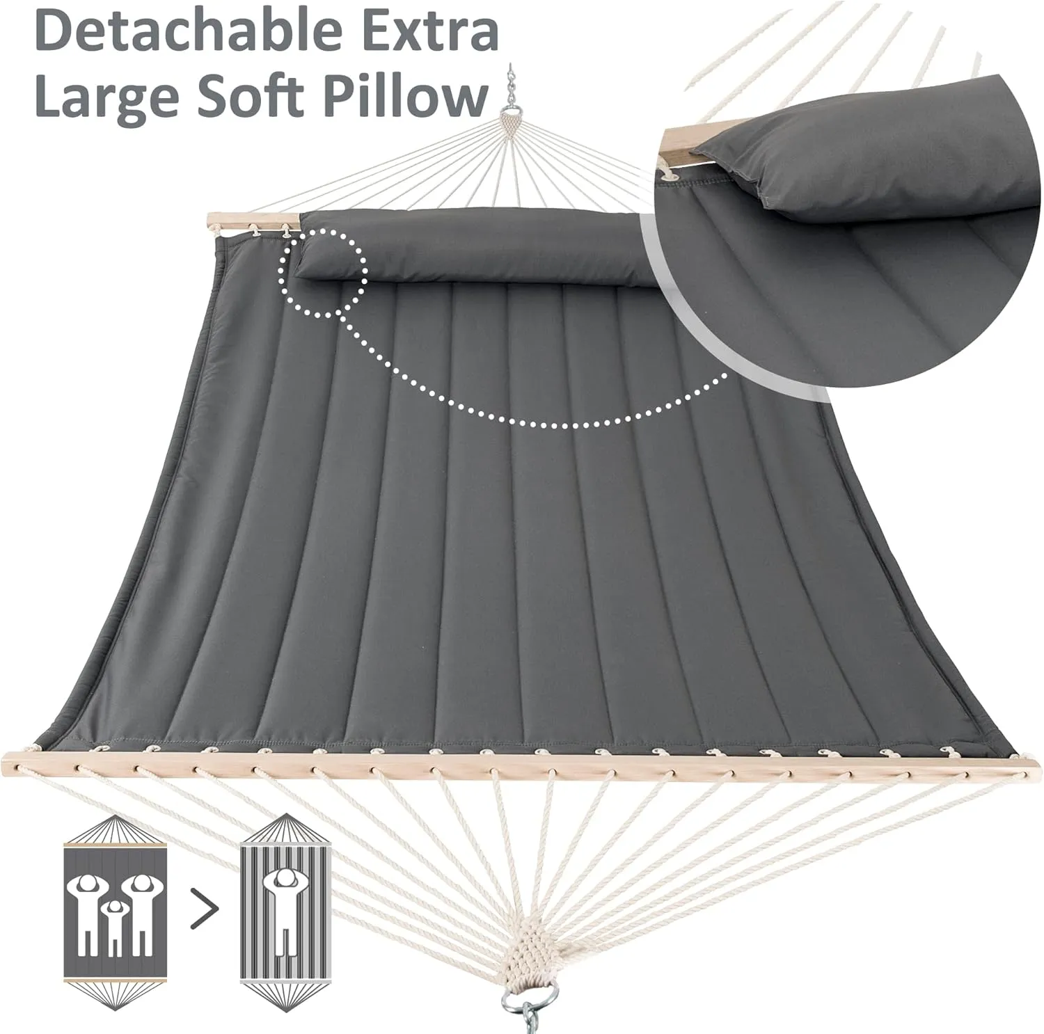 SUNCREAT Heavy Duty Hanging Tree Hammock, 475 lbs Capacity, Two Person Hammock with Large Soft Pillow, Tree Hooks, Gray