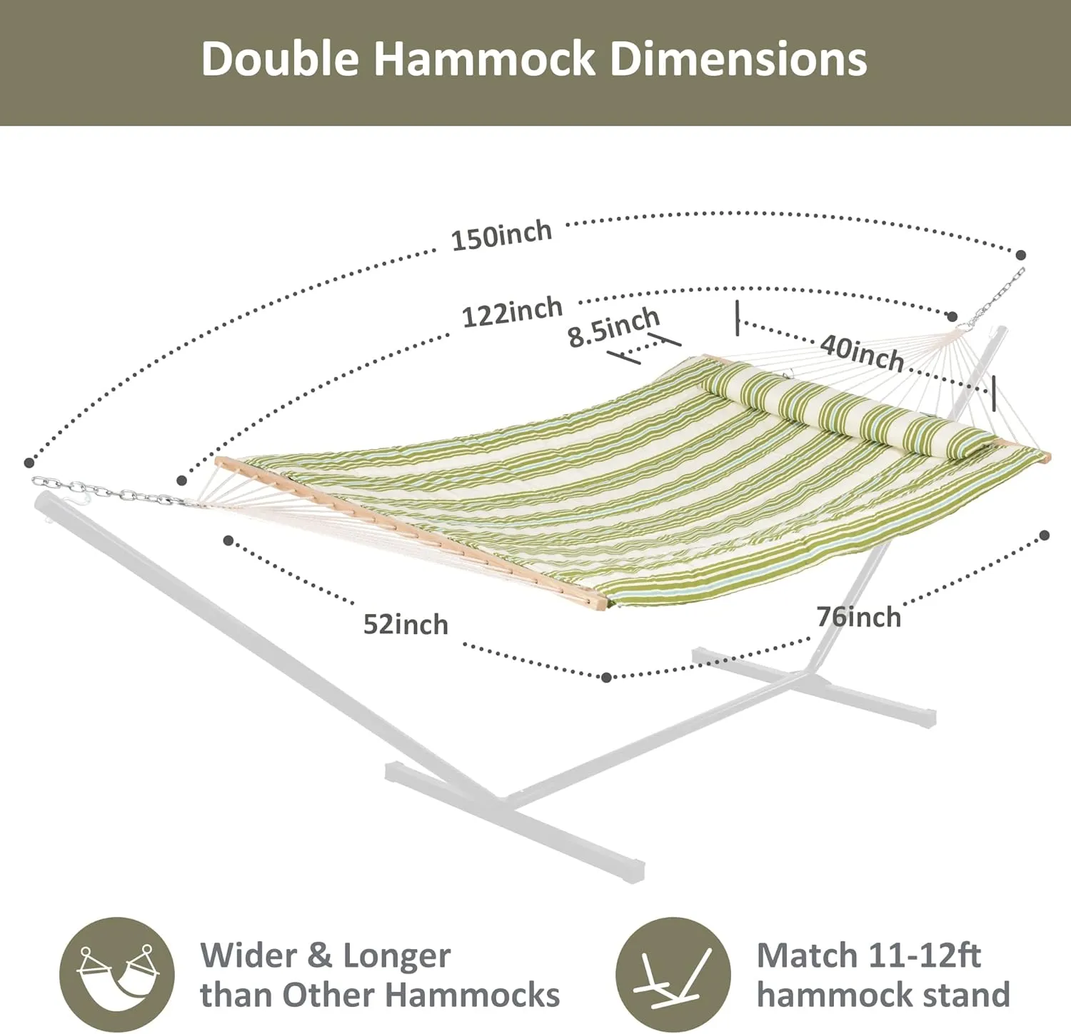 SUNCREAT Portable 2 Person Hammock with Hardwood Spreader Bar, Cotton Rope Outdoor Hammock with Polyester Pad, Green&Beige
