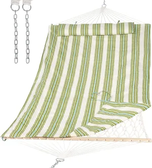 SUNCREAT Portable 2 Person Hammock with Hardwood Spreader Bar, Cotton Rope Outdoor Hammock with Polyester Pad, Green&Beige