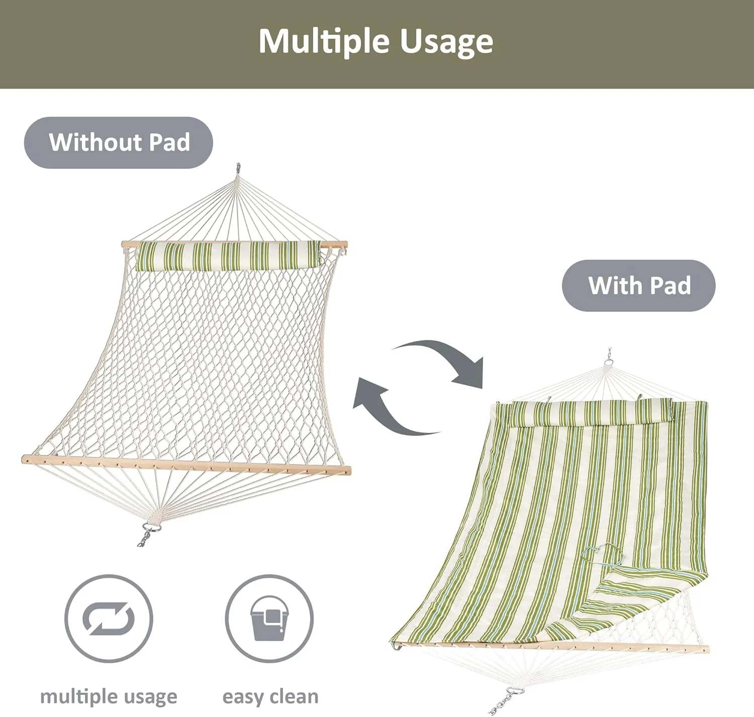 SUNCREAT Portable 2 Person Hammock with Hardwood Spreader Bar, Cotton Rope Outdoor Hammock with Polyester Pad, Green&Beige
