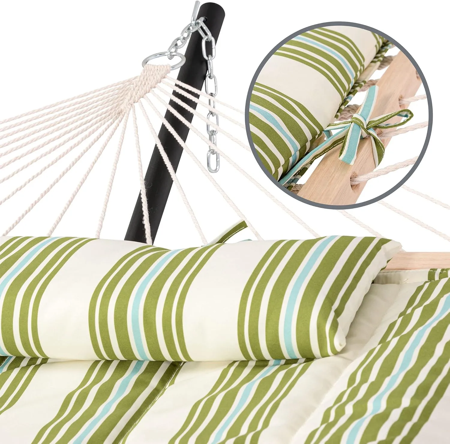 SUNCREAT Portable 2 Person Hammock with Hardwood Spreader Bar, Cotton Rope Outdoor Hammock with Polyester Pad, Green&Beige